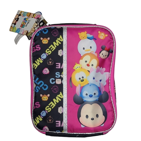Disney Tsum Tsum Lunch Box Bag Insulated Black Pink Glitter Minnie Mouse Stitch - Picture 1 of 8